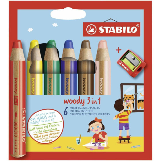 Карандаши раскрасочные STABILO Woody Разноцветные 3-в-1 6 предметов