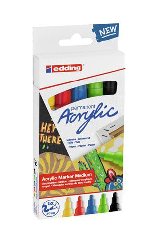 EDDING 5300 acrylic marker fine - Black - Blue - Green - Red - Yellow - Black - Blue - Green - Red - Yellow - Medium - 2 mm - 3 mm - Canvas - Wood