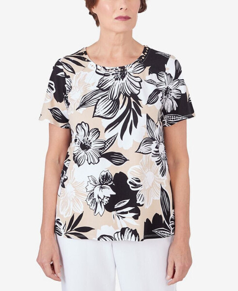 Women's Pleated Neck Bold Floral Short Sleeve Tee