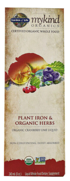 Garden of Life Mykind Organics Plant Iron & Organic Herbs Liquid Cranberry-Lime  Растительное железо + органические травы с клюквенно-лаймовым вкусом в жидком виде   240 мл
