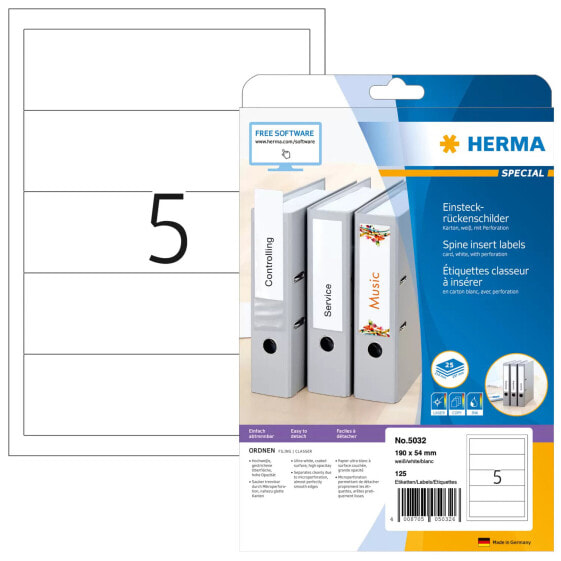 HERMA Spine insert labels A4 190x54 mm white cardboard perforated non-adhesive 125 pcs. - White - Rectangle - Cardboard - Germany - Laser/Inkjet - 5.4 cm