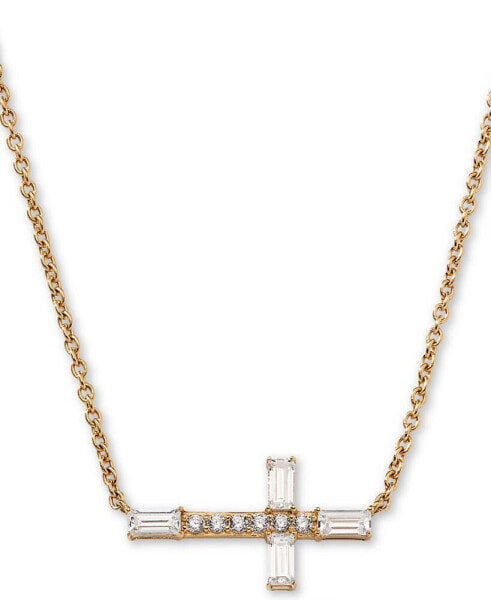 18k Gold-Plated Cubic Zirconia East-West Cross Pendant Necklace, 16" + 1" extender
