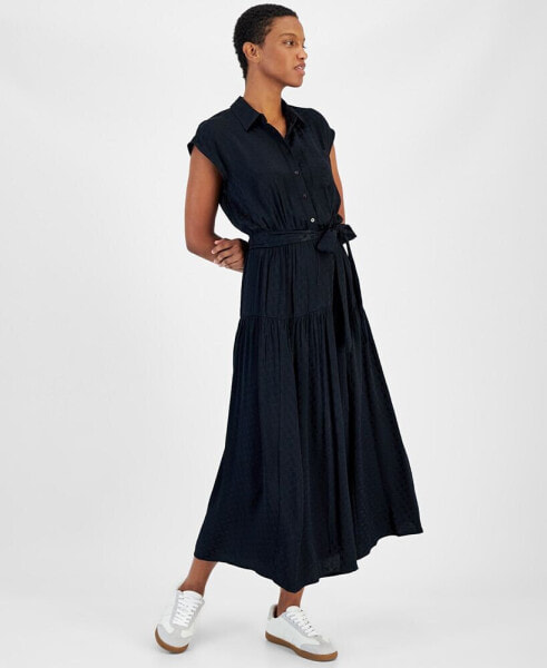 Women's Tonal Jacquard Cap-Sleeve Midi Shirtdress, Created for Macy's