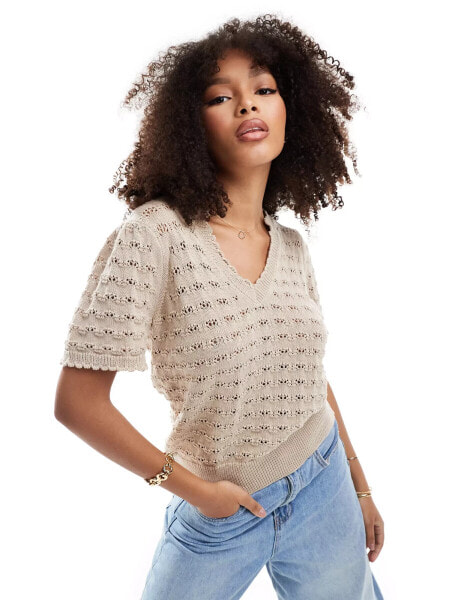 Vila crochet v neck top in beige