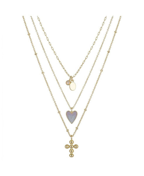 14K Gold Flash-Plated 3-Pieces Genuine Mother Of Pearl Heart and Cross Layered Pendants Set