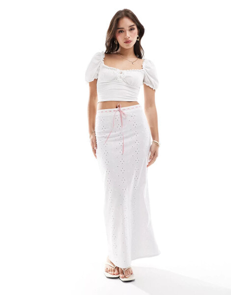 ASOS DESIGN broderie column midi skirt with split in white