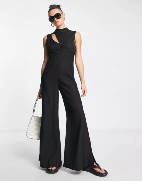 Topshop slash neck wide leg jumpsuit in black