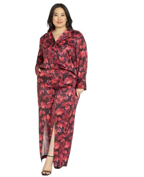Plus Size Satin Pant With Slit Leg Detail - 16, Hand Painted Blossom