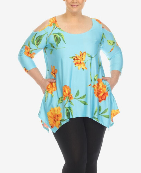 Plus Size Floral Printed Cold Shoulder Tunic Top