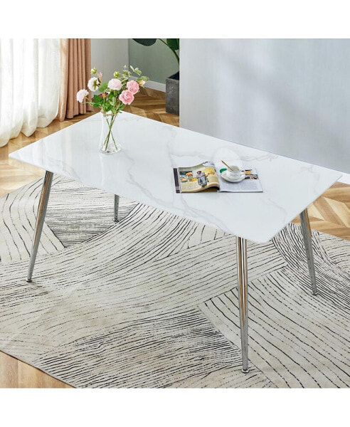 Min. Dining Table: White Marble Top, Silver Legs