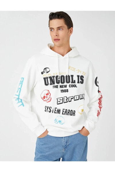 Oversize Kapşonlu Sweatshirt Şardonlu Slogan Baskılı