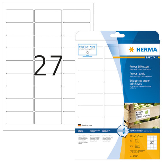 HERMA Labels A4 63.5x29.6 mm white extra strong adhesion paper matt 675 pcs - White - Self-adhesive printer label - A4 - Paper - Laser/Inkjet - Permanent
