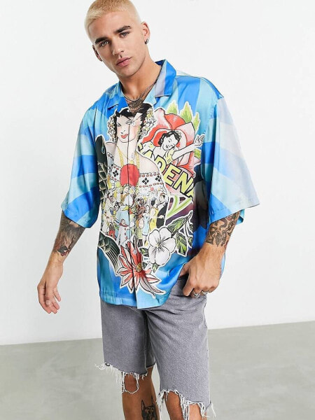 ASOS DESIGN dropped shoulder oversized revere satin shirt with placement print