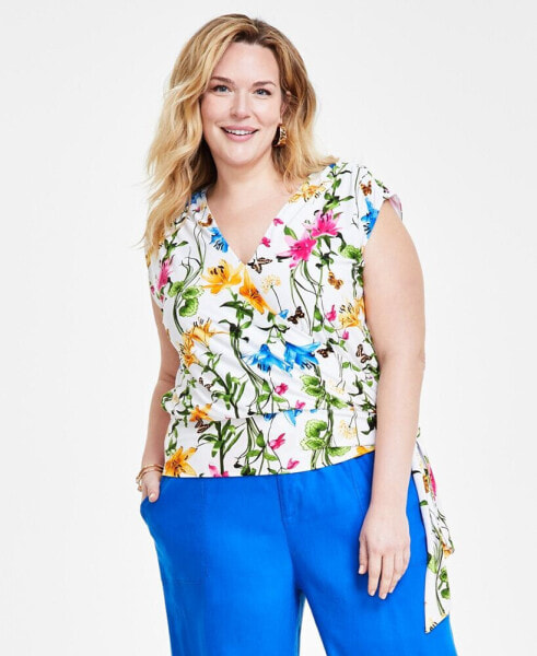 Plus Size Floral Print Surplice Tie-Hem Top, Created for Macy's