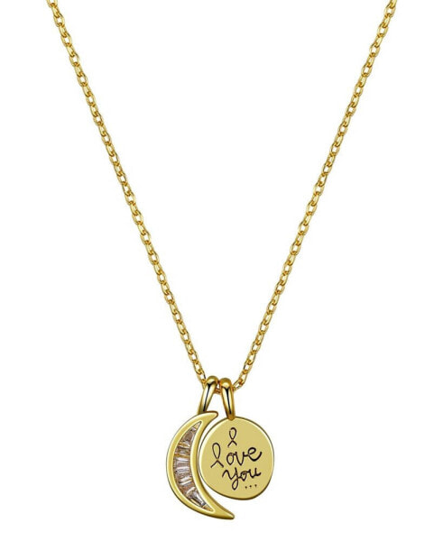 Unwritten cubic Zirconia Moon and 14K Gold Flash Plated I Love You Pendant Necklace