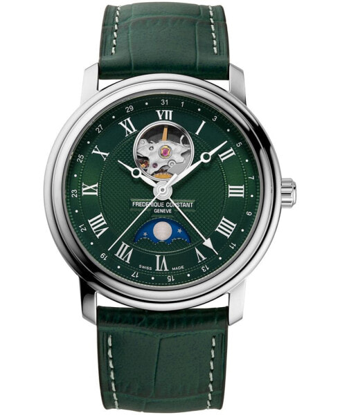 Men's Swiss Automatic Classics Heartbeat Moonphase Green Leather Strap Watch 40mm