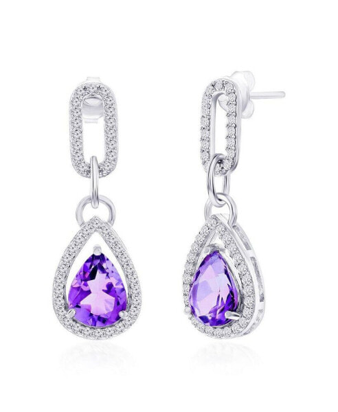 Sterling Silver Amethyst & White Zircon Pearshaped Paperclip Earrings