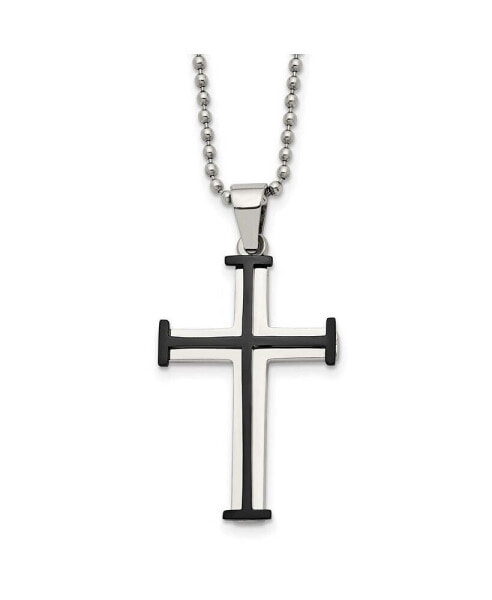 Polished Black IP-plated Cross Pendant on a Ball Chain Necklace