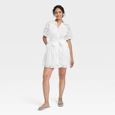 Women's Eyelet Balloon Elbow Sleeve Mini Shirtdress - A New Day White XS