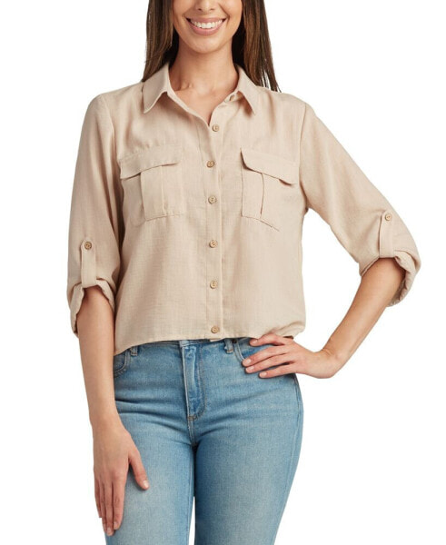 Juniors' Button-Front Roll-Tab-Sleeve Cargo Top