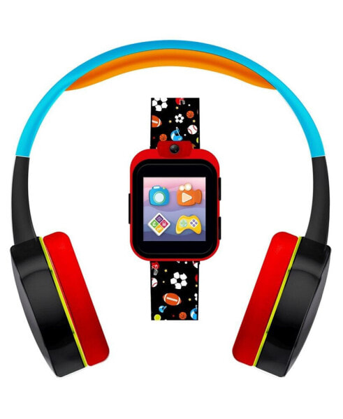 Kid's Black Sports Print Tpu Strap Smart Watch with Headphones Set 41mm