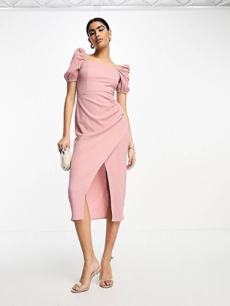 ASOS DESIGN textured square neck puff sleeve midi dress in dusty pink