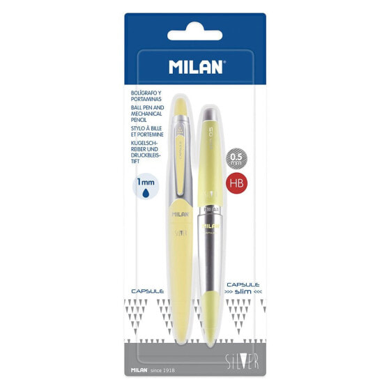 MILAN Blister Pack 1 Blue Ink Pen And 1 Mechanical Pencil 0.5 mm Capsule Silver Yellow