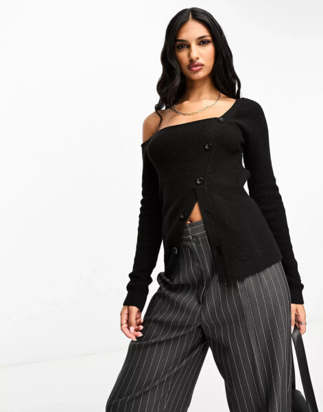 ASOS DESIGN asymmetric jumper with button through detail in black