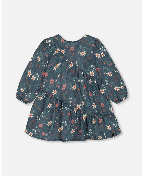 Toddler Girls Long Sleeve Muslin Dress Teal Printed Flowers - Toddler|Child