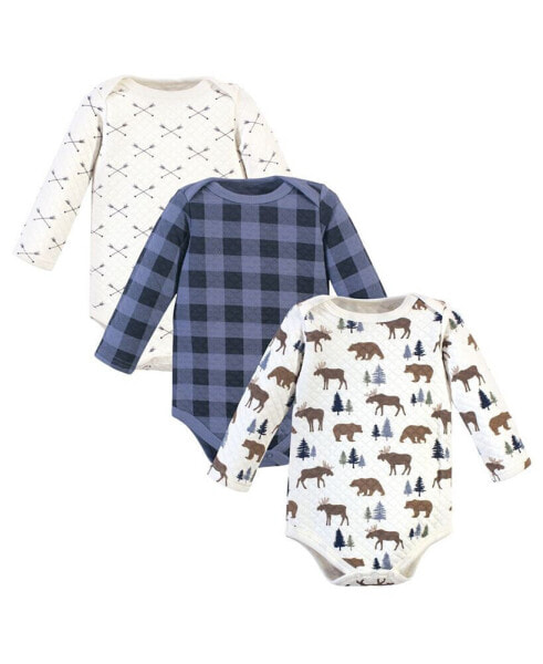 Baby Boys Quilted Long-Sleeve Cotton Bodysuits 3pk, Moose Bear