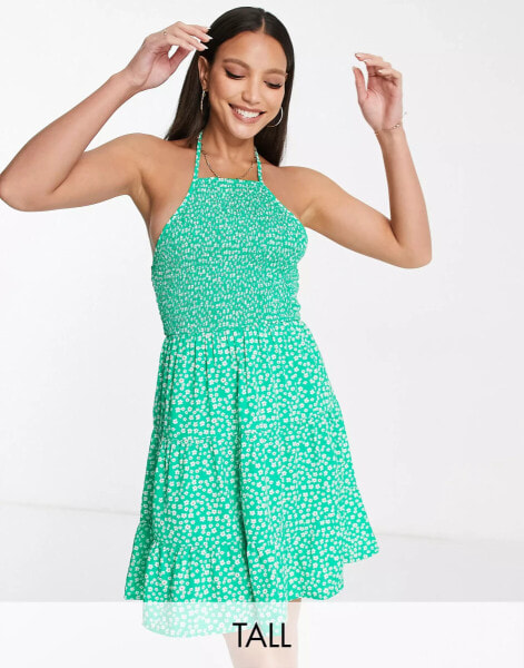 Influence Tall halter neck tiered mini dress in green floral print