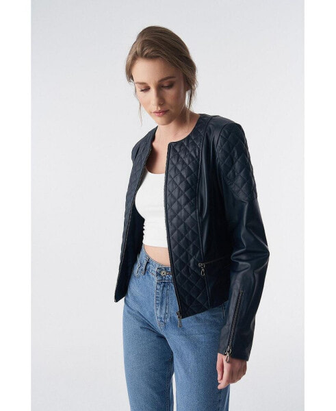 Women's Genuine Leather Quilted Biker Jacket, Navy