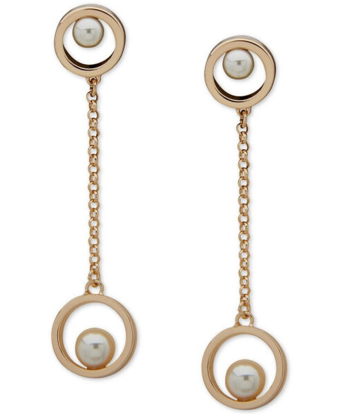 Gold-Tone Imitation Pearl & Chain Circle Drop Earrings