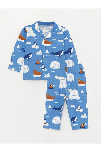 Polo Yaka Uzun Kollu Baskılı Erkek Bebek Pijama Takımı