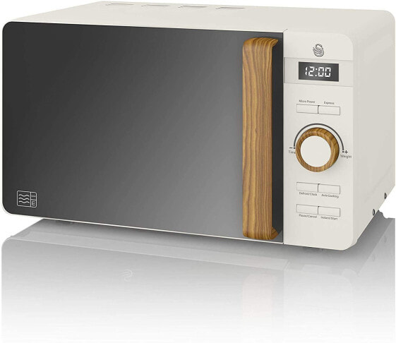 Swan Nordic Digital Microwave, 20 L, 6 Operating Levels, 800 W Power, 30 Minute Timer, Easy Cleaning, Defrost Mode, Modern Design, Wood Effect Handle, Matte White