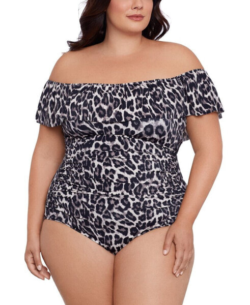 Plus Size Cheetah-Print Off-The-Shoulder One piece Swimsuit, Created for Macy's