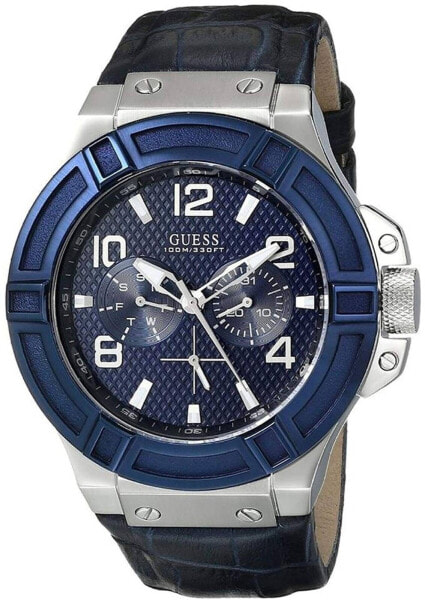 Мужские часы Guess Rigor с синим кожаным ремешком W0040G7