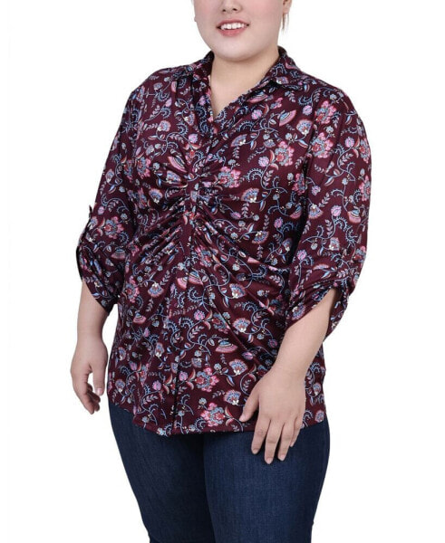 Plus Size 3/4 Roll Tab Rouched-Front Top