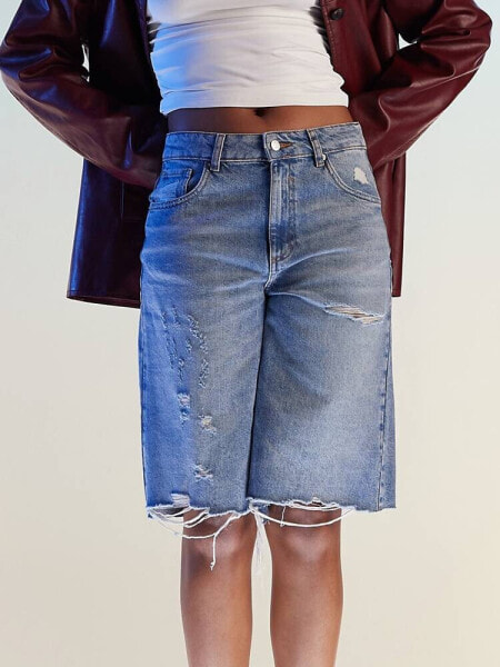 ASOS DESIGN baggy longline denim jorts with rips in bleach wash