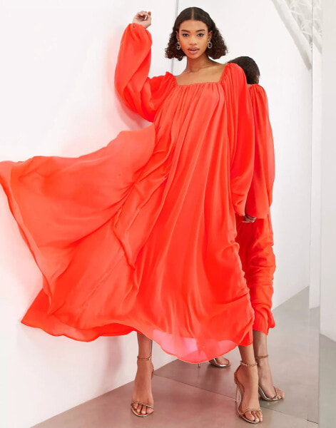 ASOS EDITION square neck chiffon maxi dress in neon coral