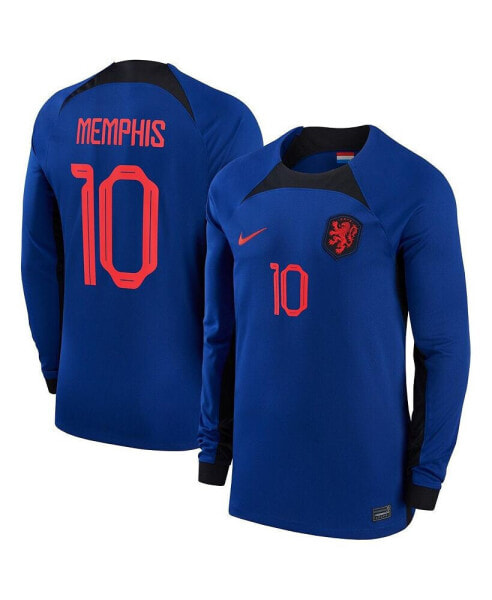 Men's Memphis Depay Blue Netherlands National Team 2022/23 Away Breathe Stadium Replica Player Long Sleeve Jersey