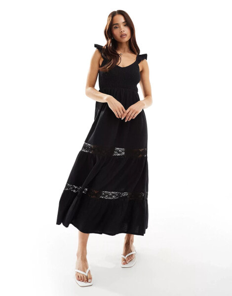 New Look shirred top tiered midi dress in black