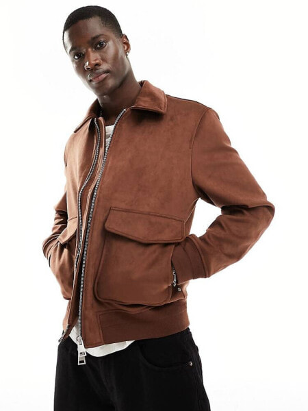 River Island suedette bomber jacket in brown