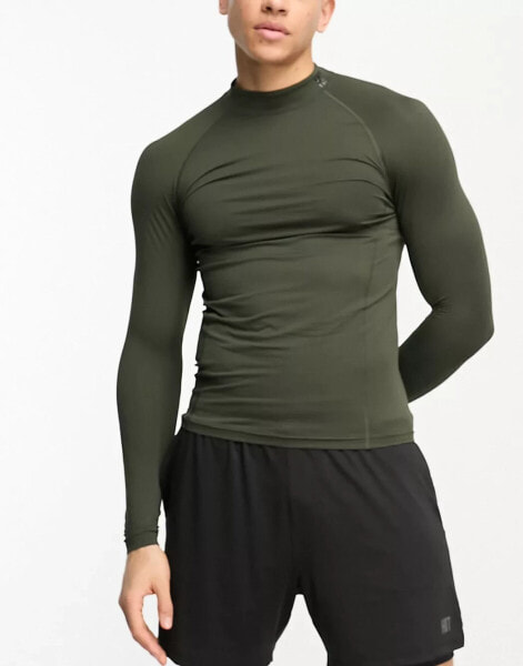 HIIT highneck long sleeve fitted active top in khaki