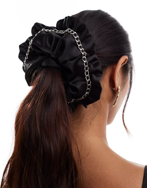 ASOS DESIGN oversized satin scrunchie with frill and chain detail in black