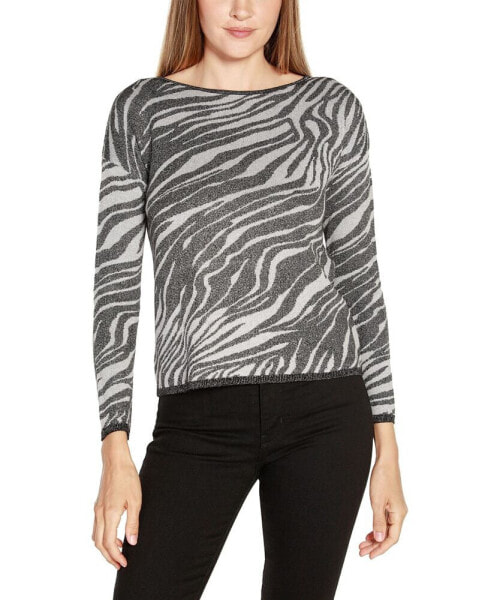Black Label Women's Shiny Zebra Jacquard Long Sleeve Sweater