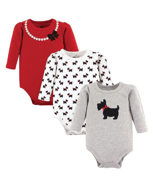 Baby Girls Cotton Long-Sleeve Bodysuits, Scottie Dog, 3-Pack