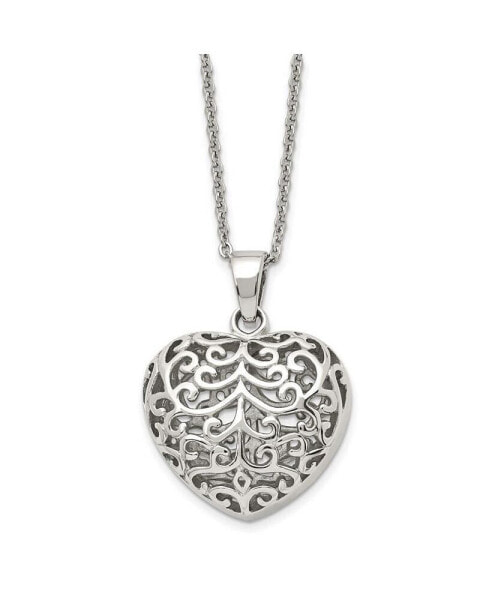 Chisel polished Filigree Puffed Heart Pendant Cable Chain Necklace