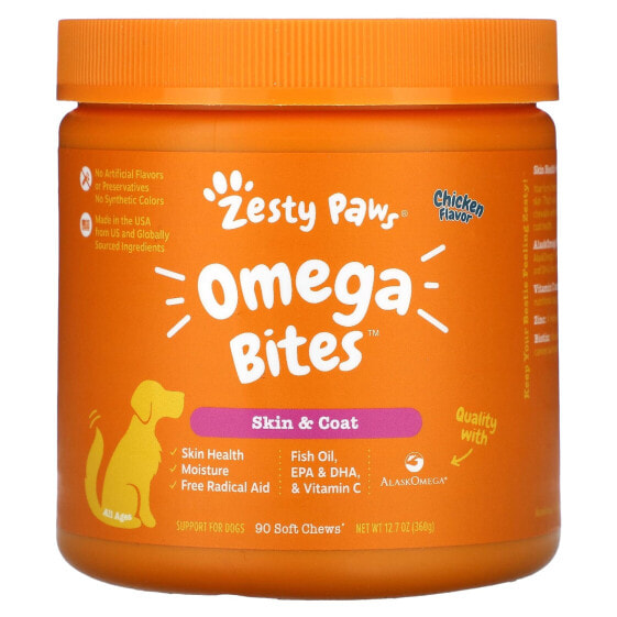 Zesty Paws, Omega Bites, добавка для собак, для любого возраста, со вкусом курицы, 90 мягких жевательных таблеток