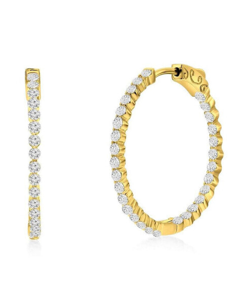 Sterling Silver or Gold Plated Over Sterling Silver 30mm Inside-Outside Round CZ Hoop Earrings